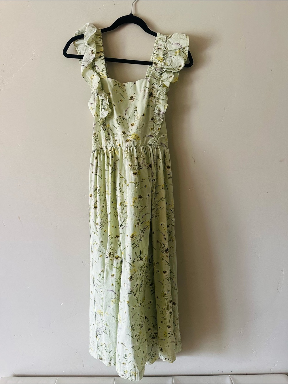 H&M Pale Green Floral Midi Dress with Ruffle Straps